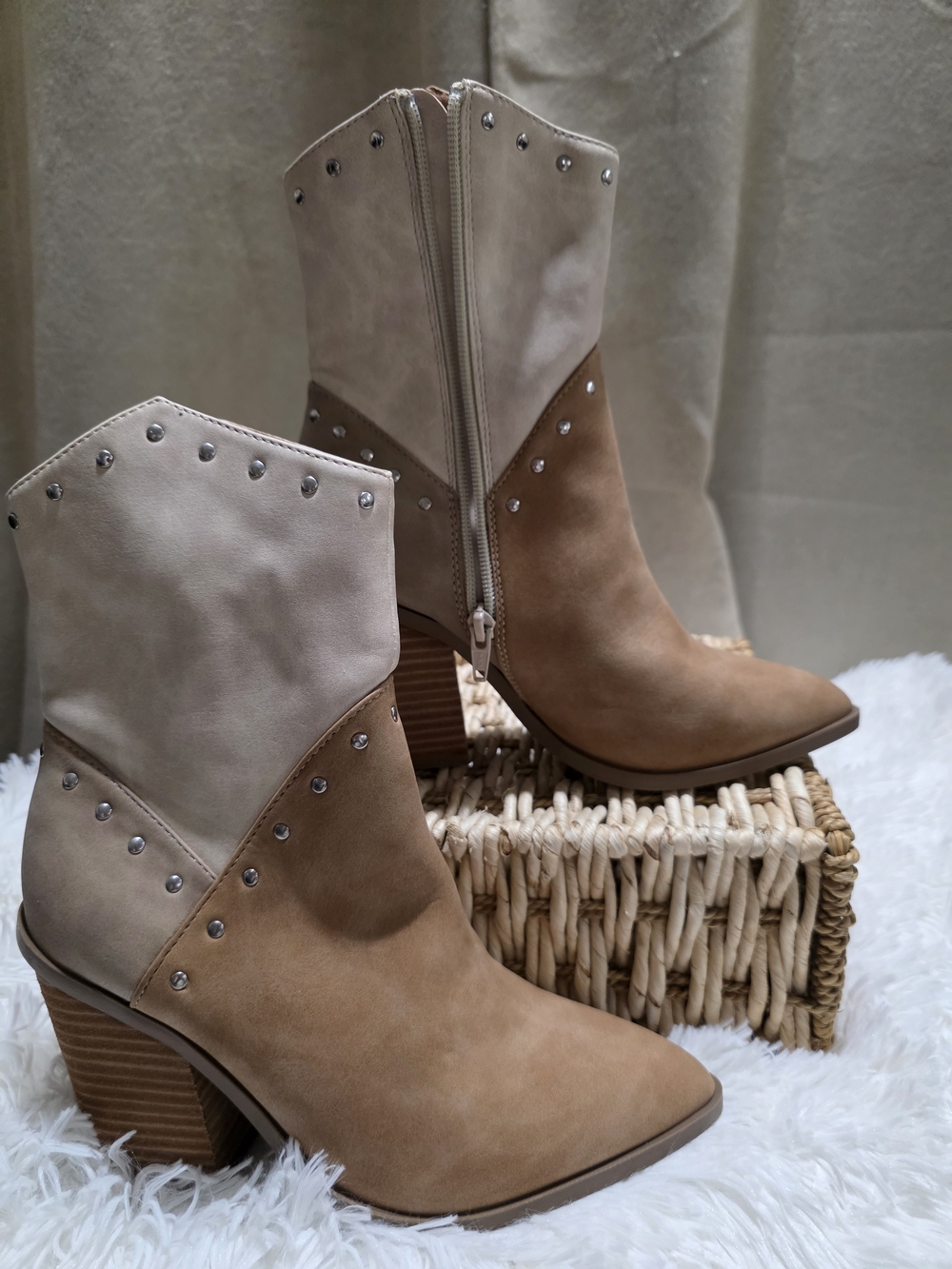 DV by Dolce Vita Two-Tone Tan and Cream Studded Western Booties